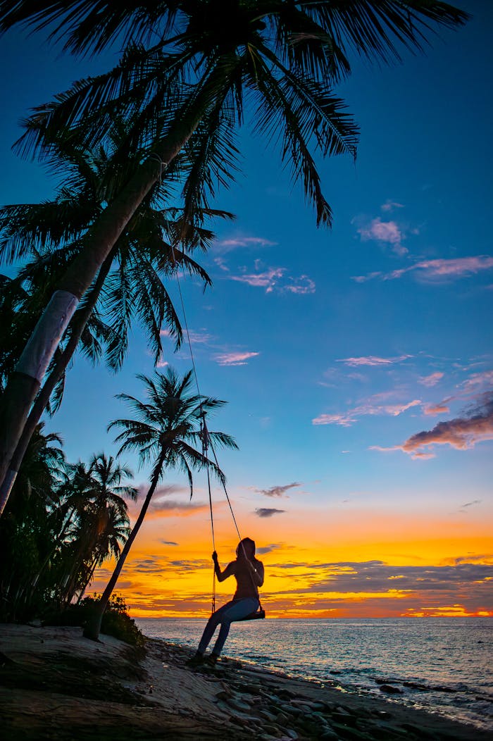 Silhouette of a person on a swing under palm trees at sunset in the Maldives.